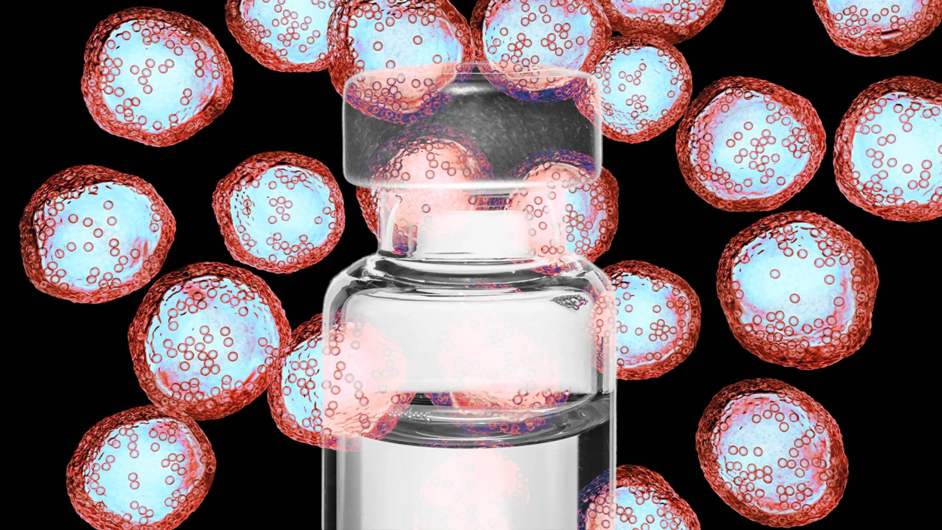 Transparent perfume bottle surrounded by floating pink spheres with intricate patterns on a dark background.