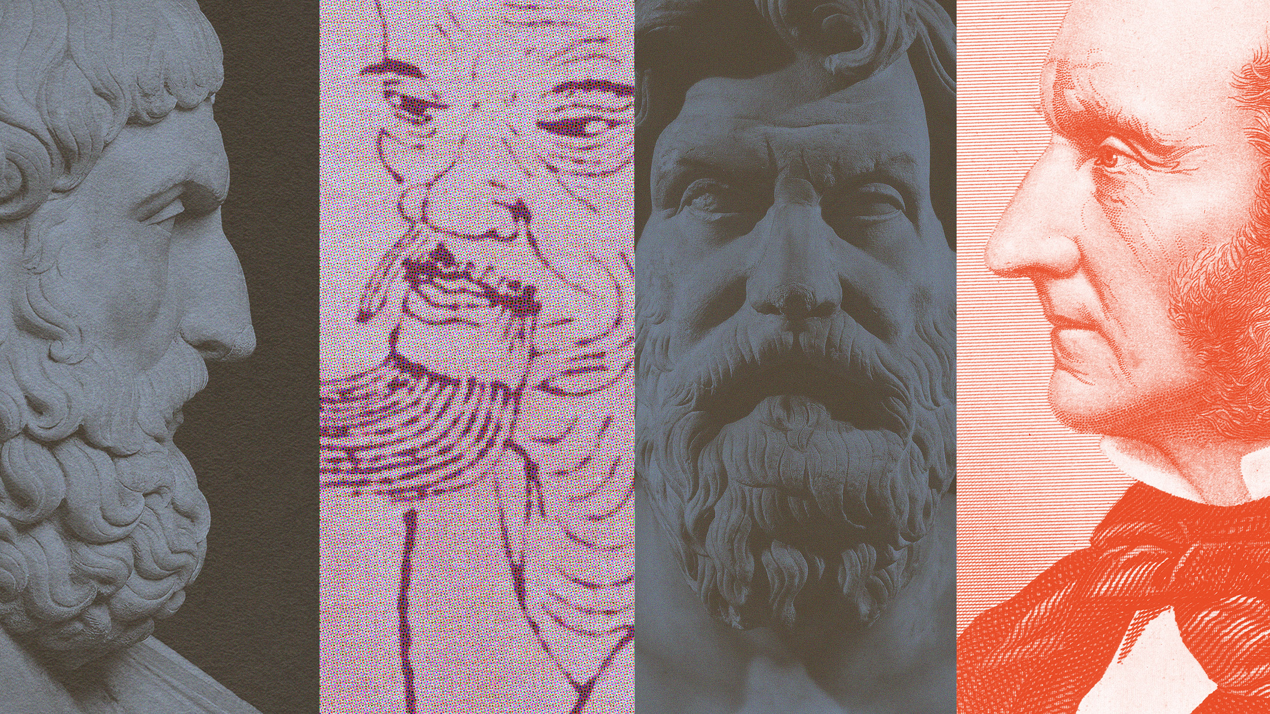 Four-panel collage of historical philosophers in various artistic styles, including a sculpture, a sketch, and two realistic portraits.