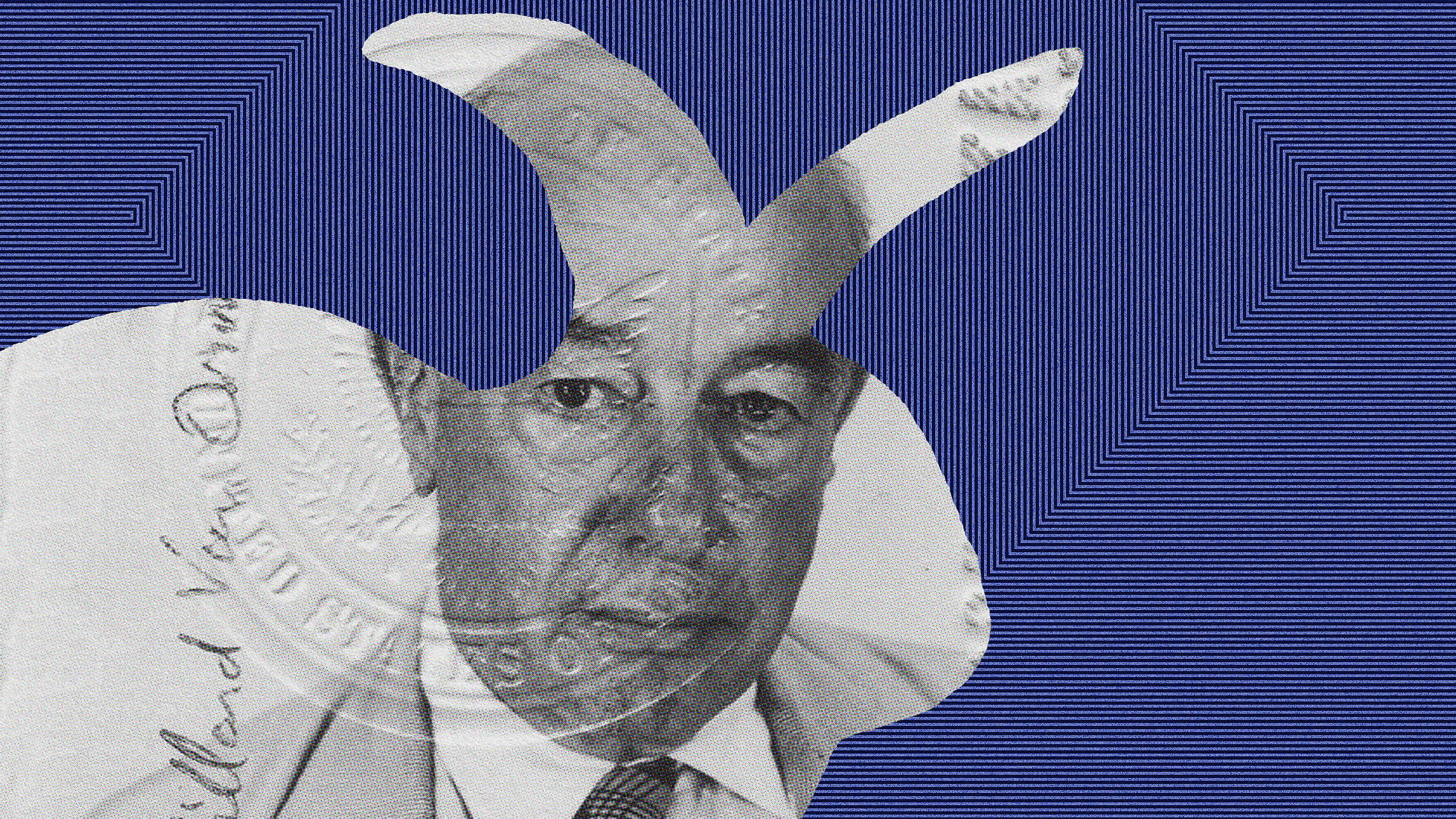 Collage of a man's face superimposed on a graphic background with geometric patterns and abstract white shapes overlaying his image, symbolizing better communication.