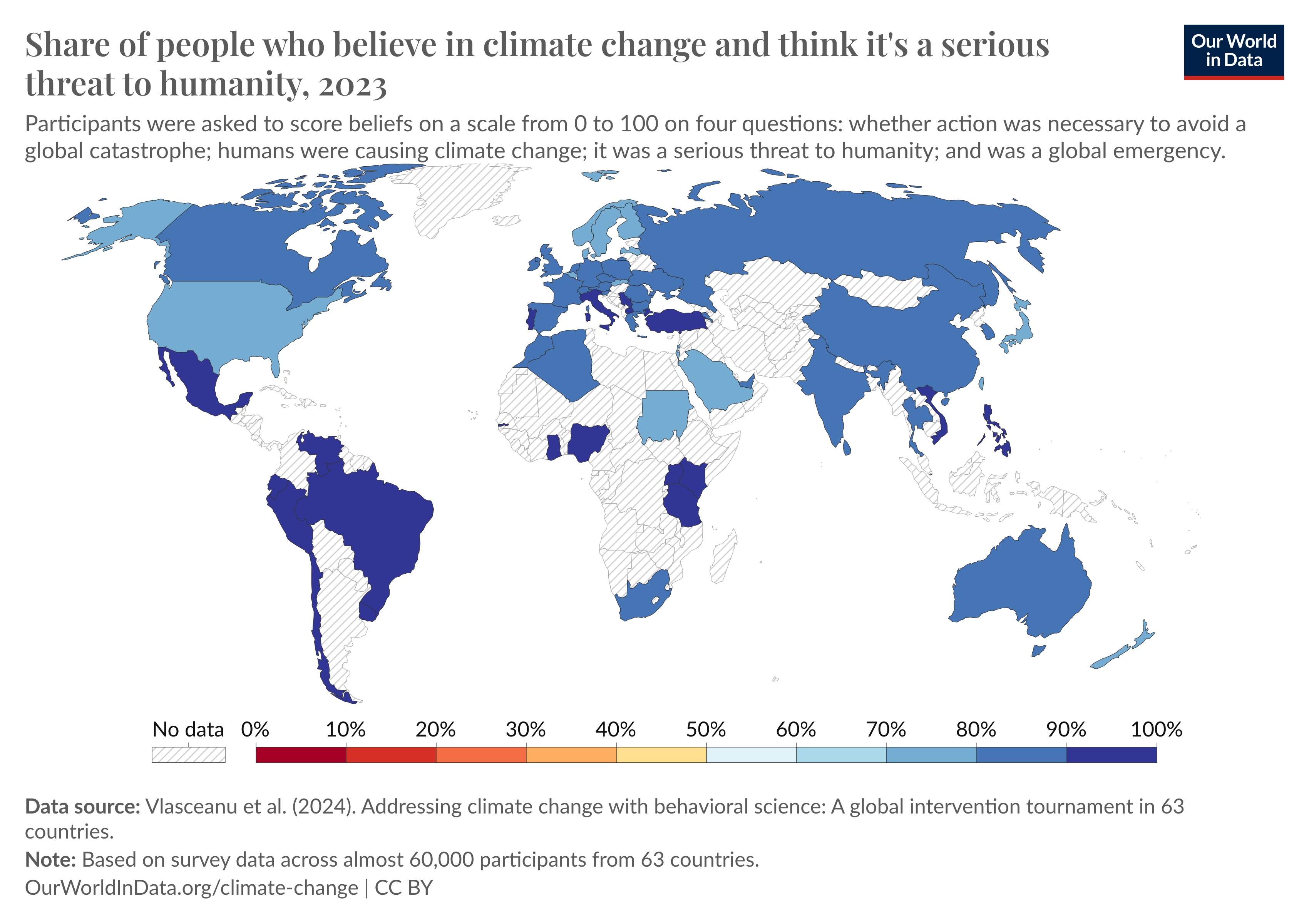 World map showing the percentage of people in various countries who believe climate change is a serious threat to humanity, based on a 2023 survey.