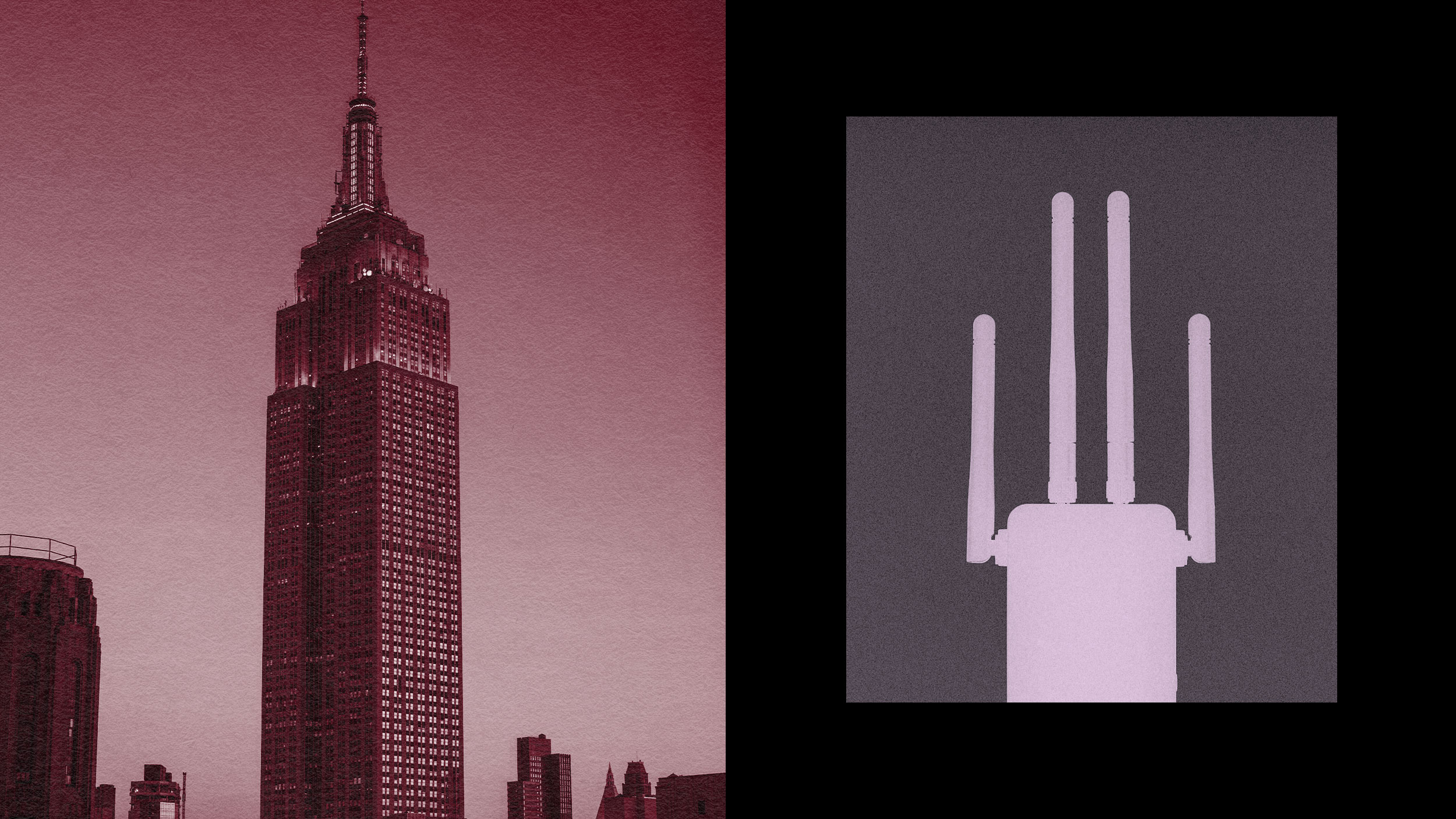 Split image with the empire state building on the left and a stylized graphic of a wi-fi router on the right, both against a purple background.