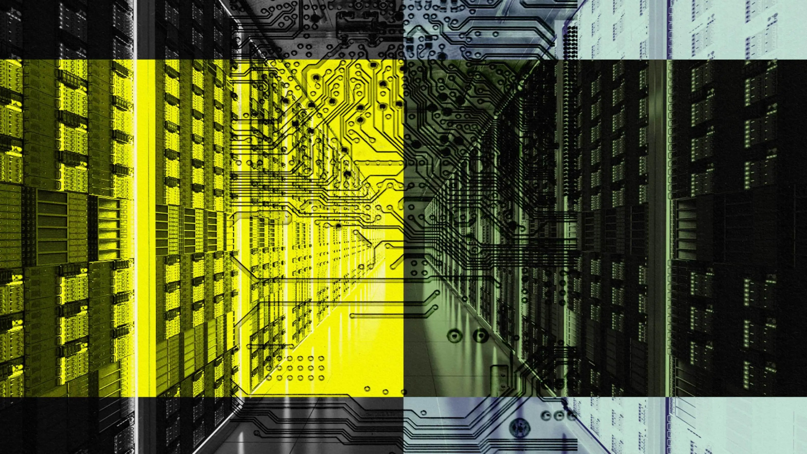 A digital artwork combining elements of a cityscape, printed circuit boards, and binary code, rendered in yellow and black tones.
