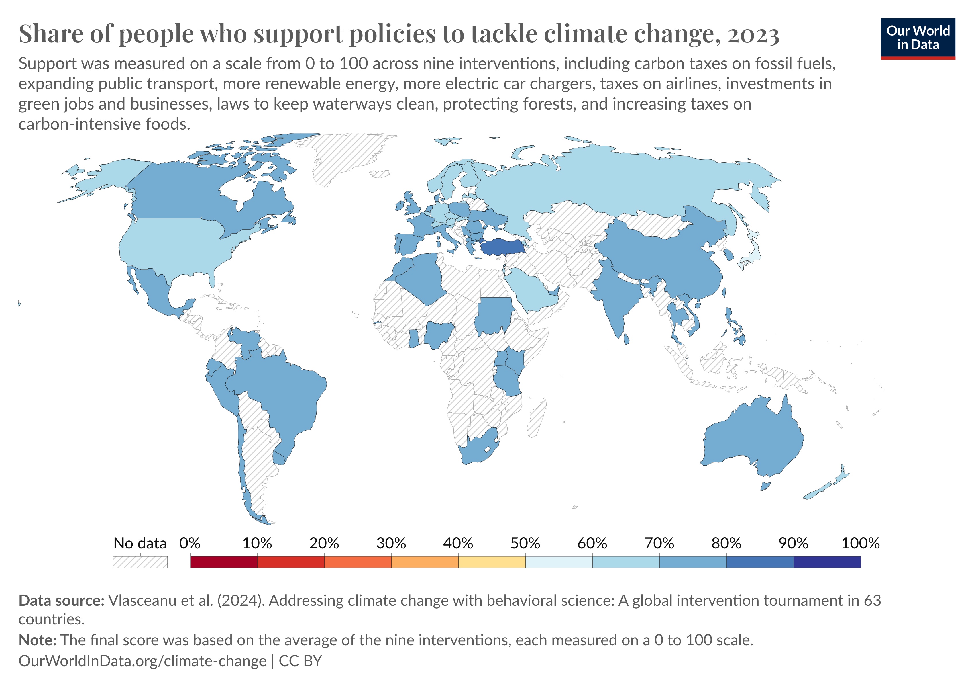 World map showing public support for climate change policies by country in 2023, measured on a scale from 0 to 100, with varying shades of blue indicating levels of support.