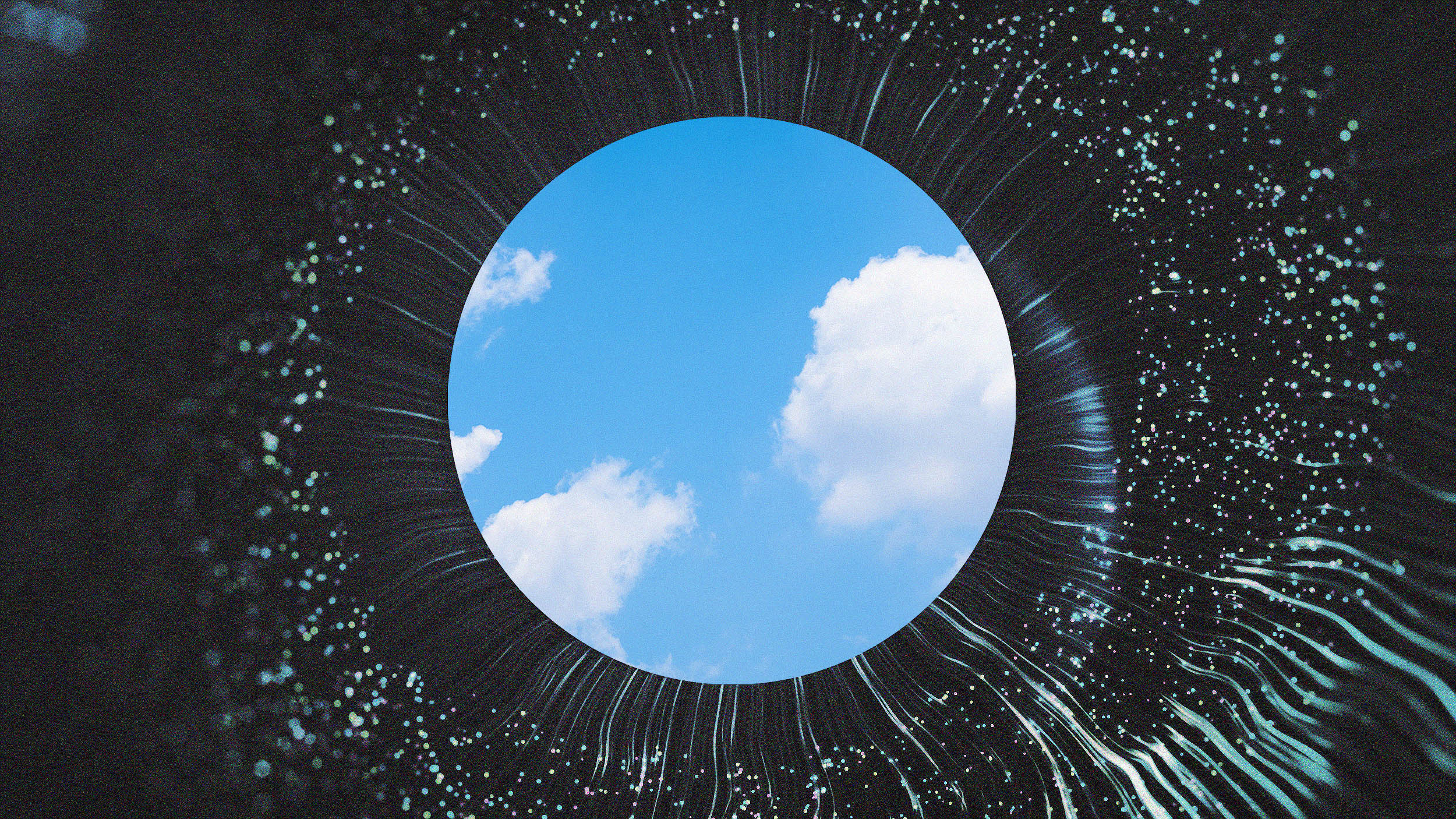 A digital graphic featuring a vibrant blue circle showcasing a clear sky with clouds, surrounded by radiating white lines and particles on a dark background.