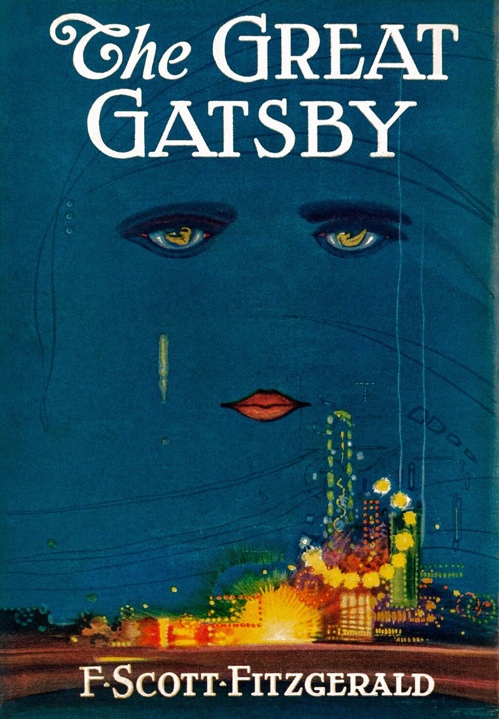 Cover of "The Great Gatsby" by F. Scott Fitzgerald, featuring a stylized illustration of a face with bright eyes over a cityscape with colorful lights.