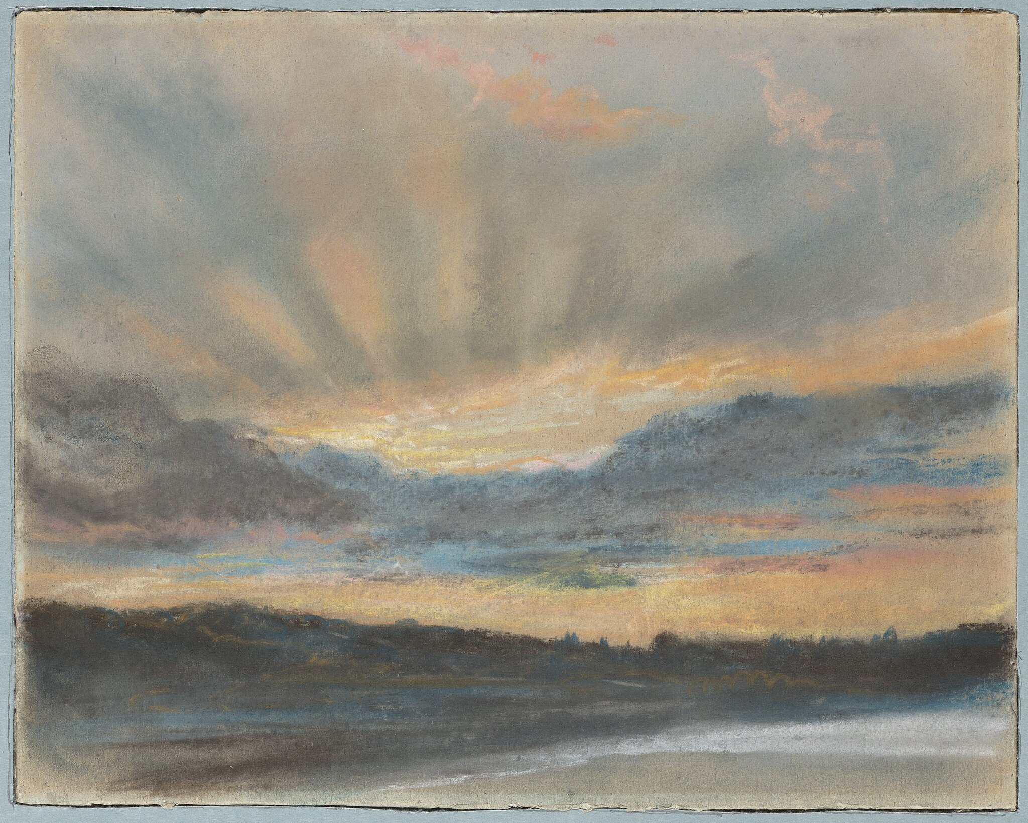 A pastel artwork depicting a sunset with rays of light streaming through clouds over a calm landscape with dark silhouetted trees on the horizon.