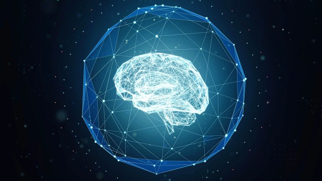 A digital rendering of a brain surrounded by geometric lines and shapes on a dark background, symbolizing technology, connectivity, and decision-making.