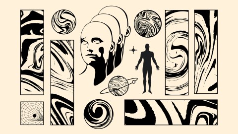 Abstract artwork featuring multiple human faces, swirling patterns, geometric shapes, and a human silhouette against a beige background, subtly hinting at the enigmatic presence of superintelligent AI.