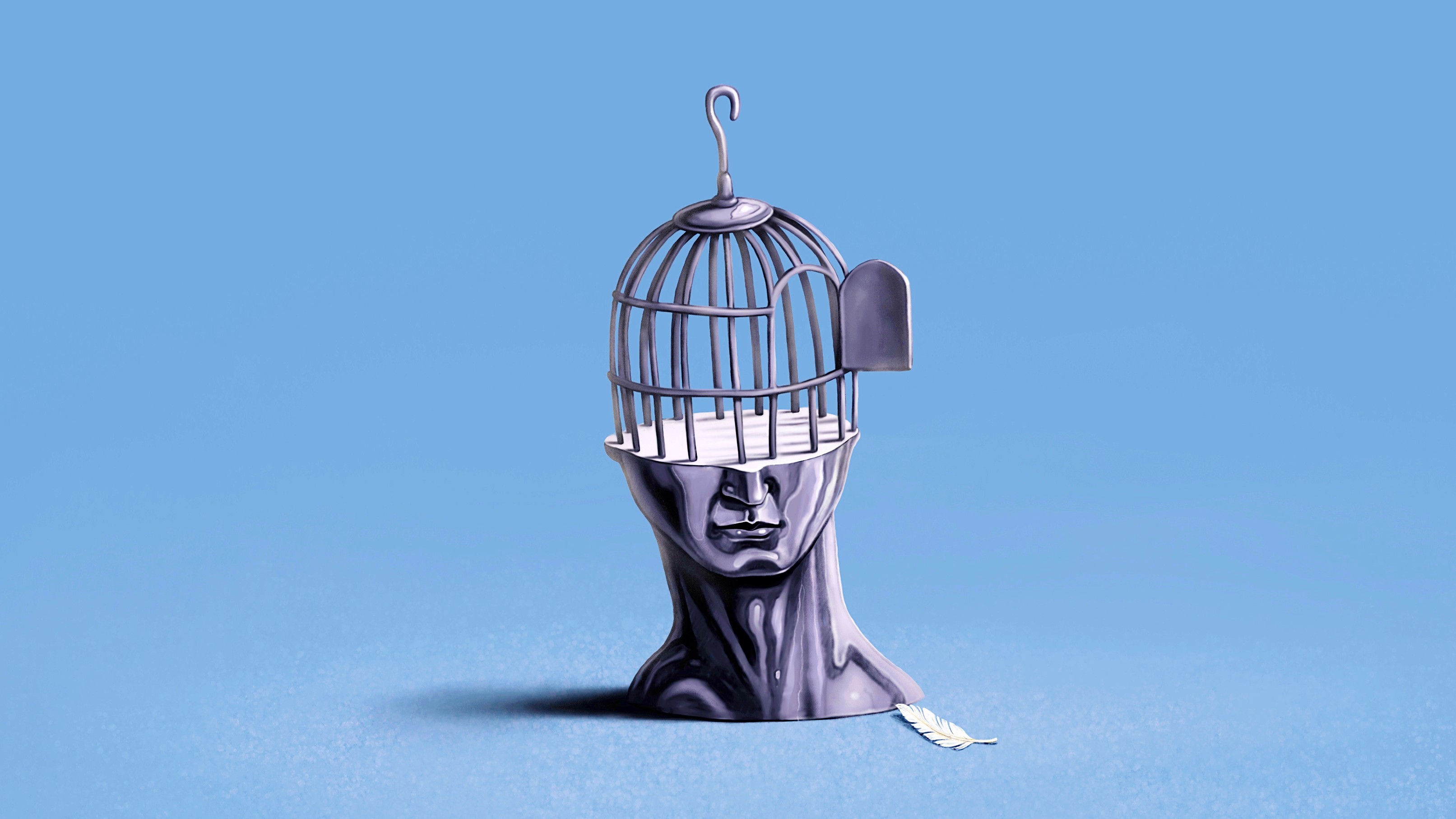 A sculpture depicts a human head with the top open like a birdcage. A lone white feather, symbolizing lost motivation, lies on the ground outside the cage on a blue background.