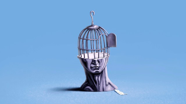 A sculpture depicts a human head with the top open like a birdcage. A lone white feather, symbolizing lost motivation, lies on the ground outside the cage on a blue background.