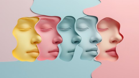 Close-up of five pastel-colored faces with closed eyes integrated into a wavy background, each face in a different color: yellow, pink, blue, green, and red.