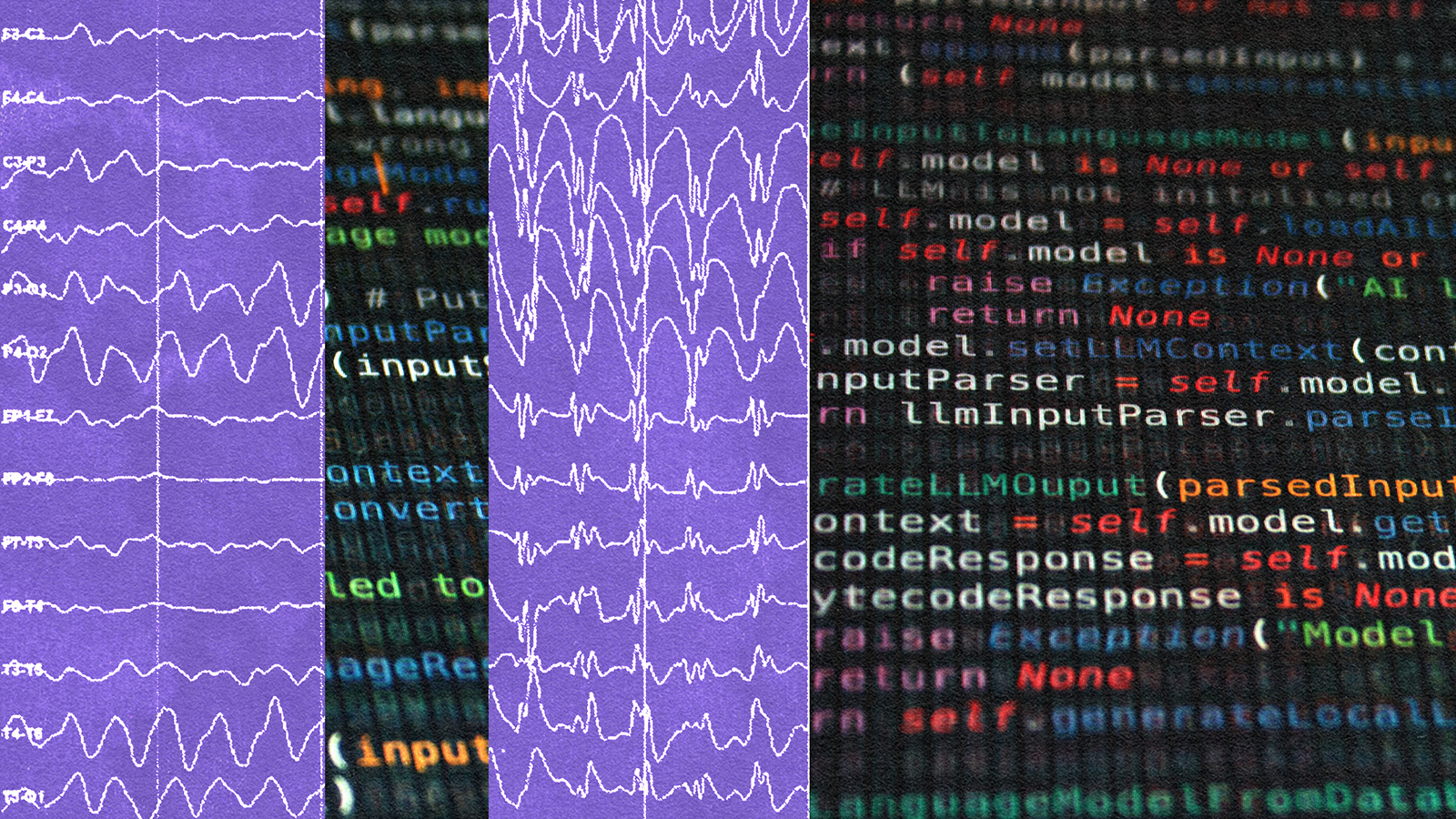 An image shows three panels of brainwave patterns on the left, with colorful lines of computer code on the right.