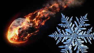 A detailed image contrasting a fiery asteroid on the left with a cool, intricate snowflake on the right against a dark background.