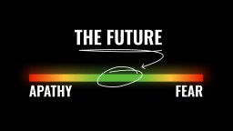 A gradient bar titled "The Future" shows a range from "Apathy" in red on the left to "Fear" in red on the right, with green in the middle. An arrow points to the green area.
