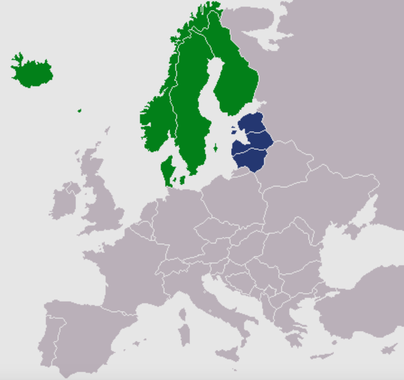 Map highlighting Northern Europe; Scandinavian countries (Norway, Sweden, Finland, and Iceland) are in green, and the Baltic States (Estonia, Latvia, Lithuania) are in dark blue.