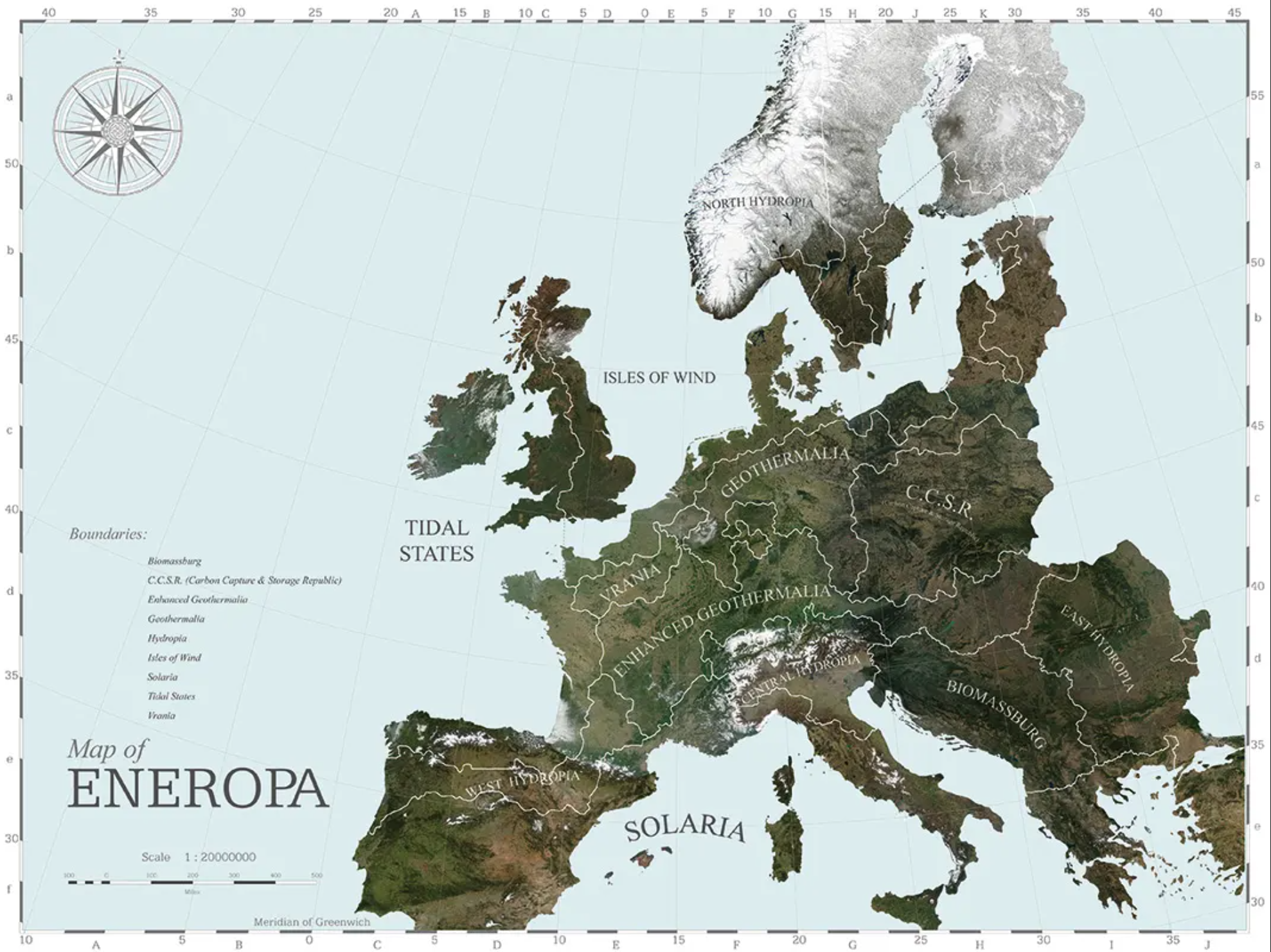 A detailed fictional map titled "map of eneropa," depicting various labeled regions and a scale, with topographical features and a compass rose.
