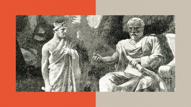 Black and white illustration of two men in ancient attire, one standing with a scroll and the other seated, engaged in debate against a split red and beige background.