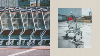 A diptych image: left side shows a row of shopping carts lined up, right side depicts a single shopping cart abandoned in a puddle, serving as a litmus test for societal behavior.