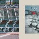 A diptych image: left side shows a row of shopping carts lined up, right side depicts a single shopping cart abandoned in a puddle, serving as a litmus test for societal behavior.