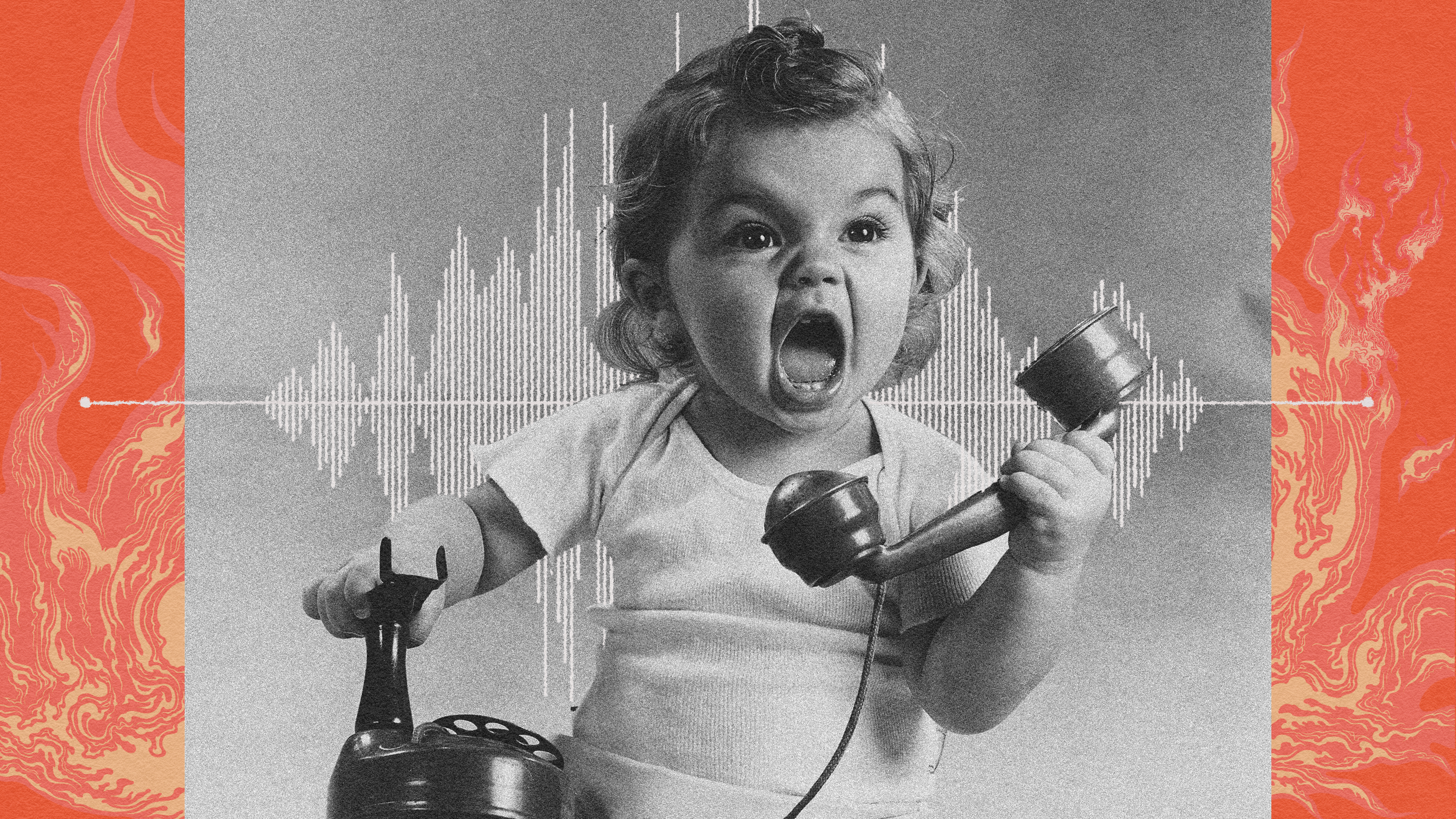 A black and white photo of a young child holding a vintage telephone receiver to their ear, with an excited expression. The background features graphic designs of sound waveforms and orange flames, evoking the intense energy of death metal.