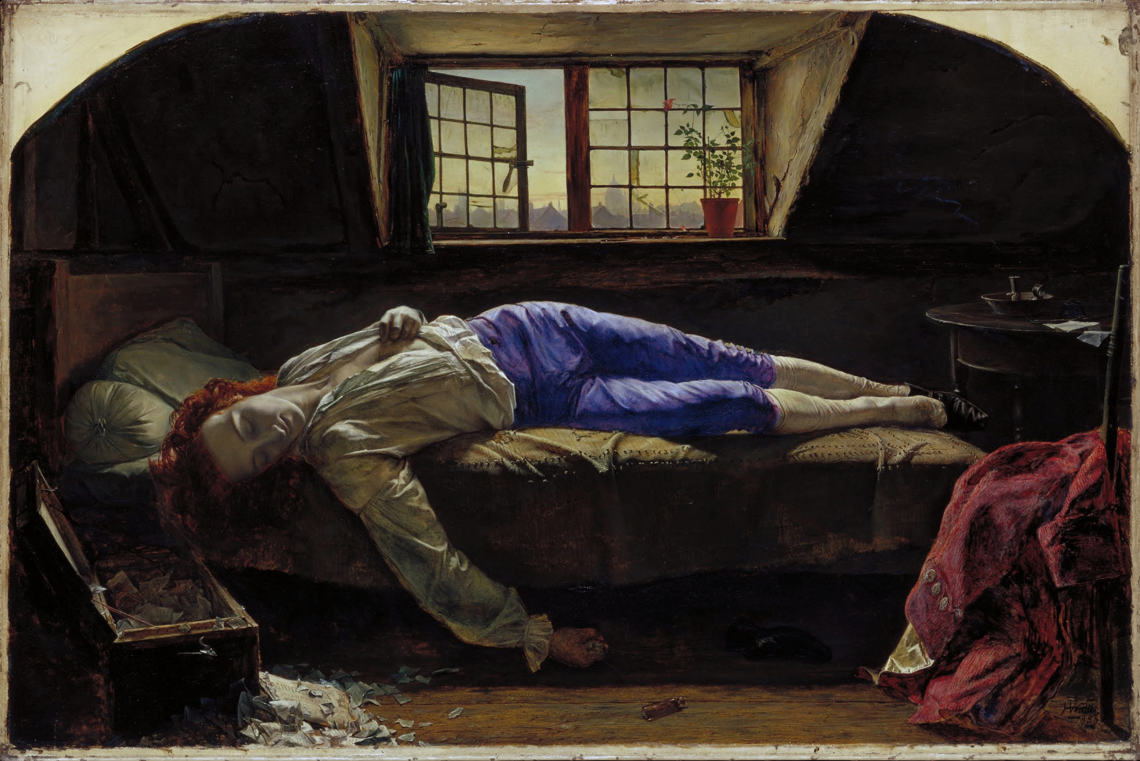 A young man in blue and white 18th-century clothing lies lifeless on a small bed in a dimly lit attic with scattered papers, a chest, a table, and a window showing a sunset.