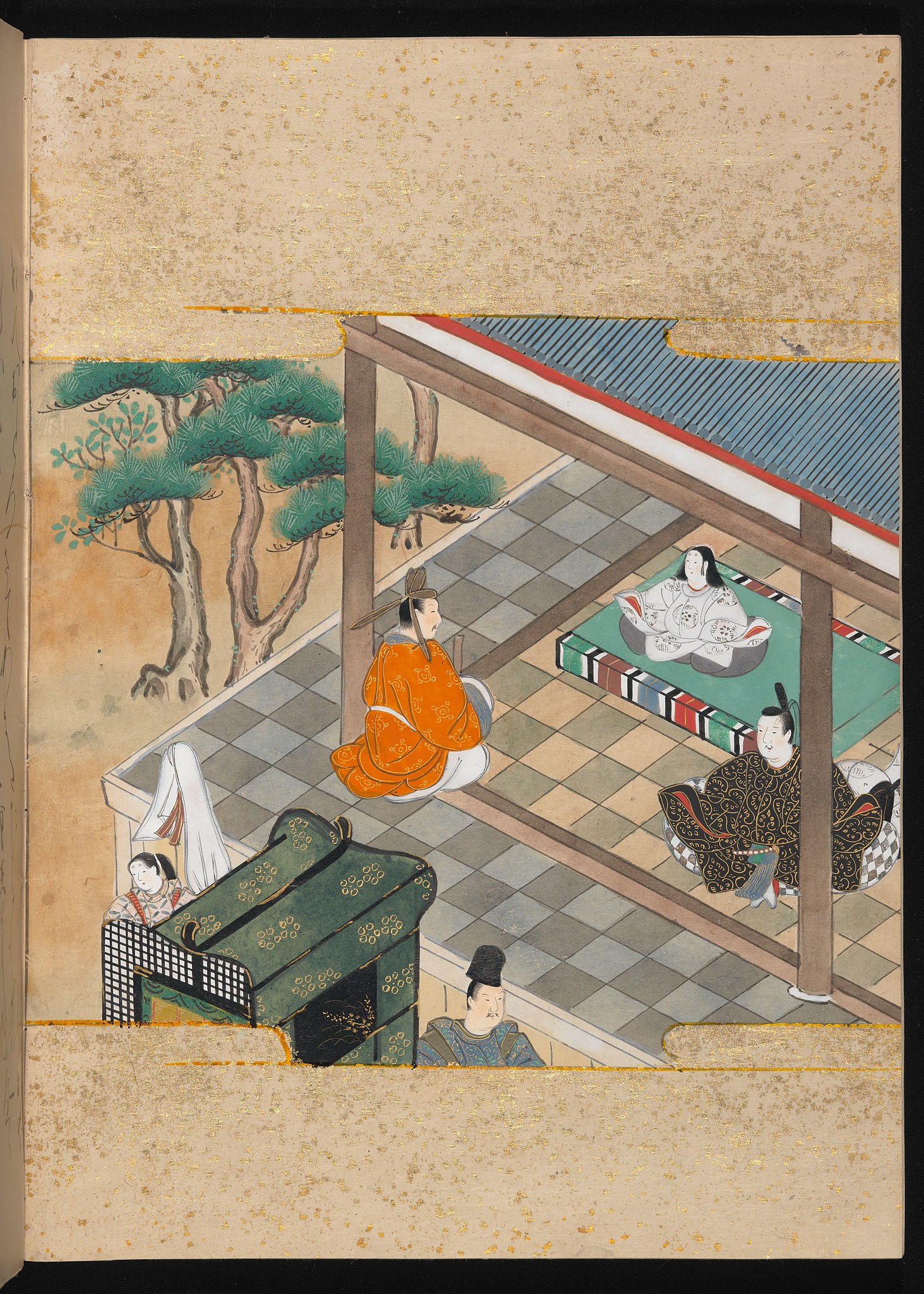A traditional Japanese painting depicting several figures inside and around a building; one figure in an orange robe sits while others in various clothing styles are positioned in the scene.