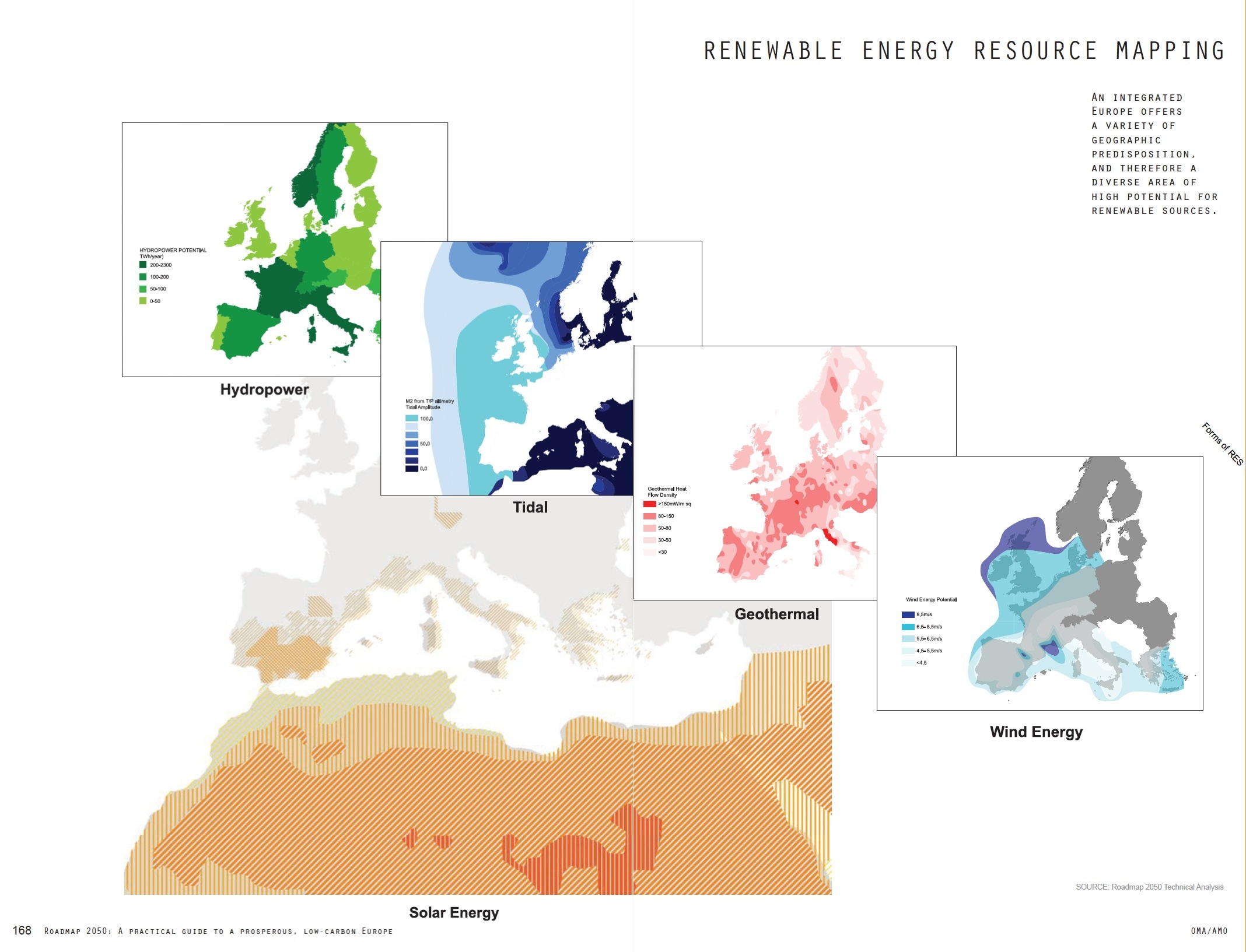 Illustrative map sections displaying the distribution of hydropower, tidal, geothermal, wind, and solar energy sources in different regions.