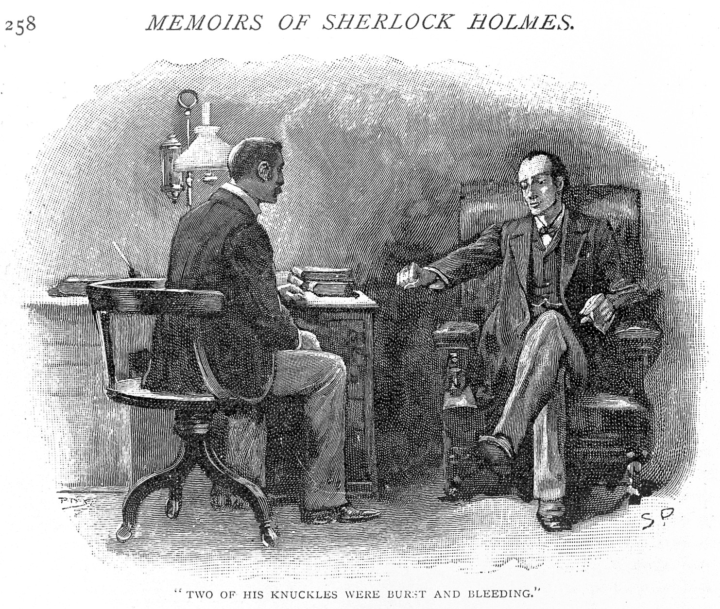Two men are seated in a room, engaged in conversation. A caption underneath reads, "Two of his knuckles were burst and bleeding." The scene is from "Memoirs of Sherlock Holmes.