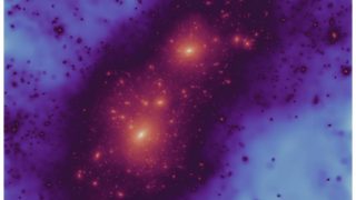 Astronomical image showing a galaxy cluster with multiple bright glowing sources and smaller points against a deep blue and purple space background.