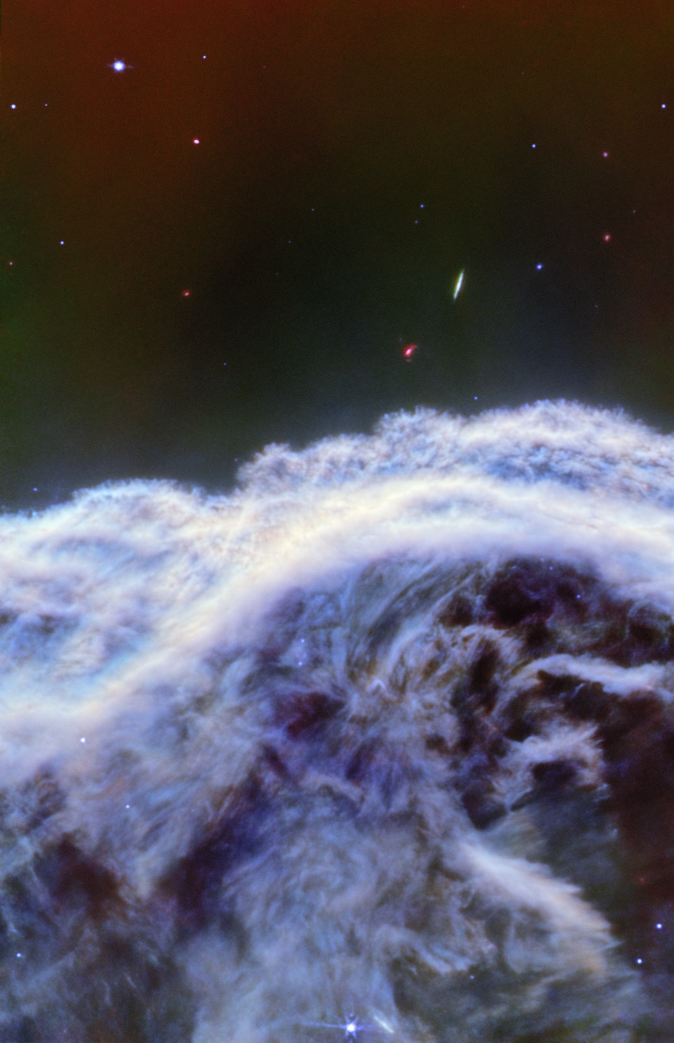 Image of a vibrant cosmic scene showing a detailed wave-like structure of the Horsehead Nebula with multicolored stars and interstellar gas in the background.