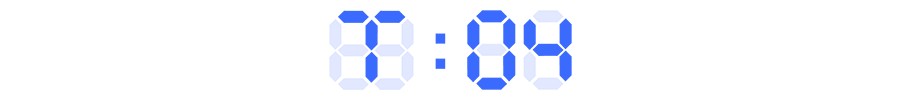 Digital clock showing the time 88:88 with blue numbers.