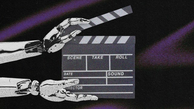 A robotic hand holds a clapperboard, preparing to slate a scene. The background is dark with faint purple streaks.