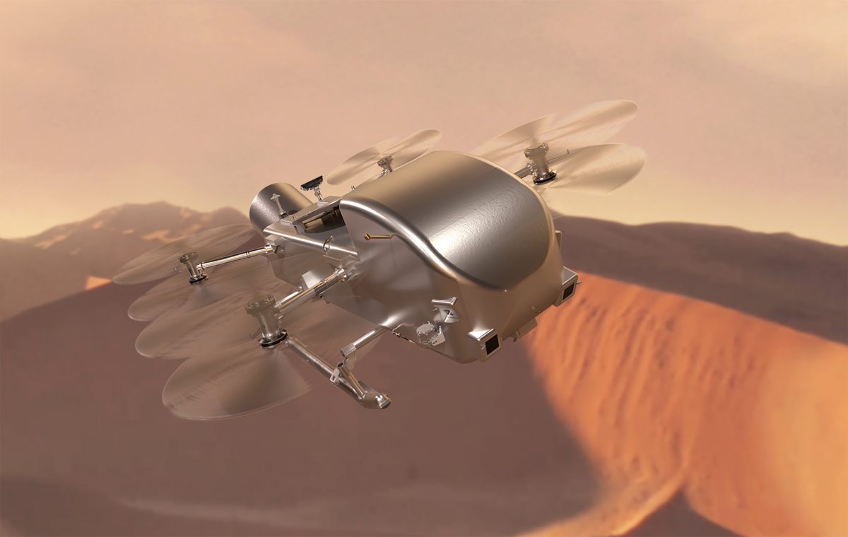 A digital rendering of a drone flying over a martian landscape, equipped with multiple rotors under a hazy orange sky.