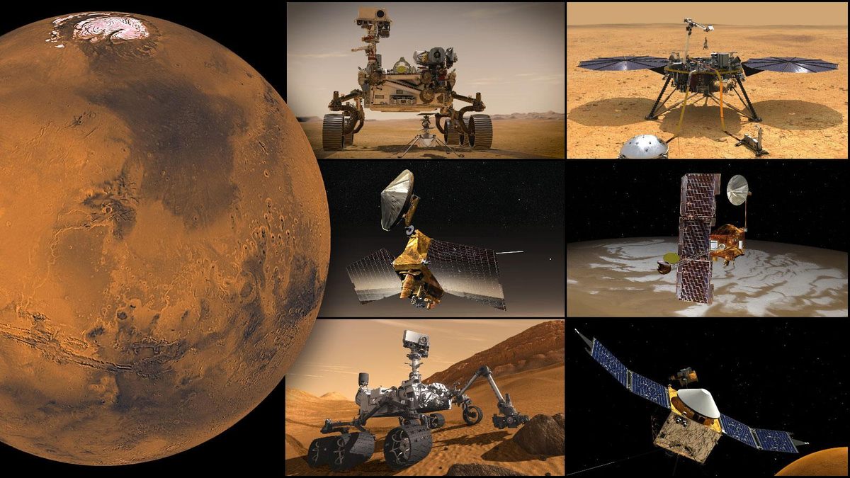 Collage of mars and various mars exploration rovers and spacecraft on the surface and in orbit.