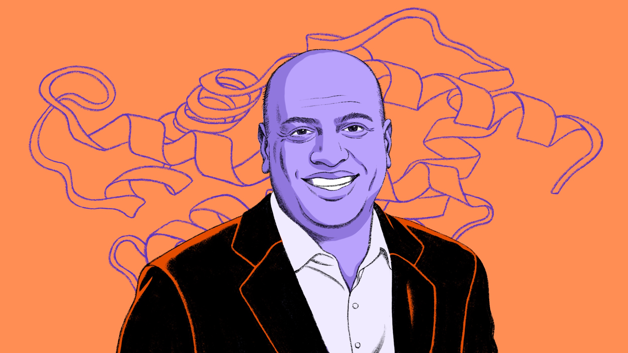 Illustration of a smiling bald man in a suit with a purple complexion against an orange background with ribbon-like shapes.