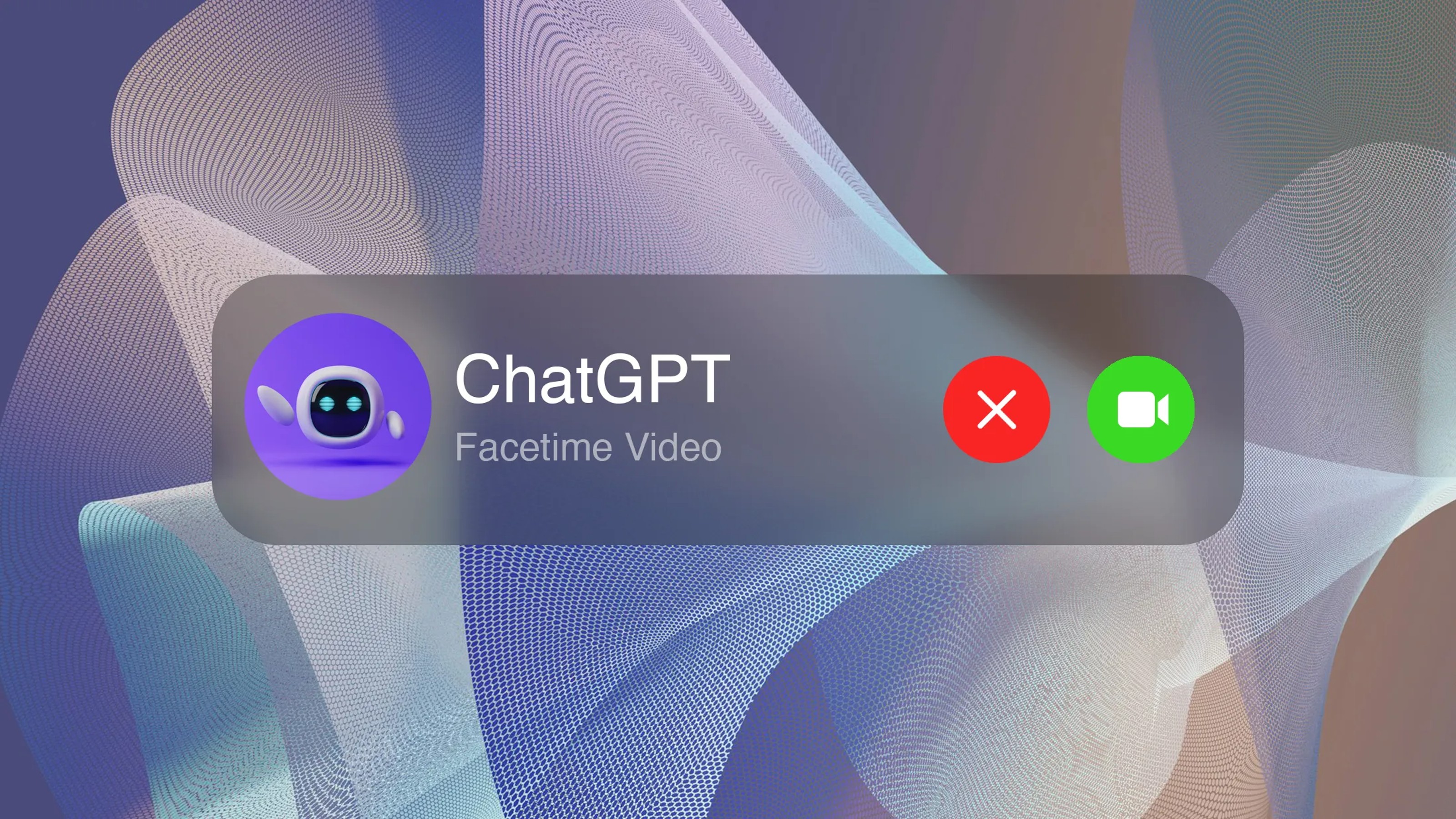 A Facetime Video call screen showing an incoming call from "ChatGPT" with an AI icon, featuring a red decline button and a green accept button.