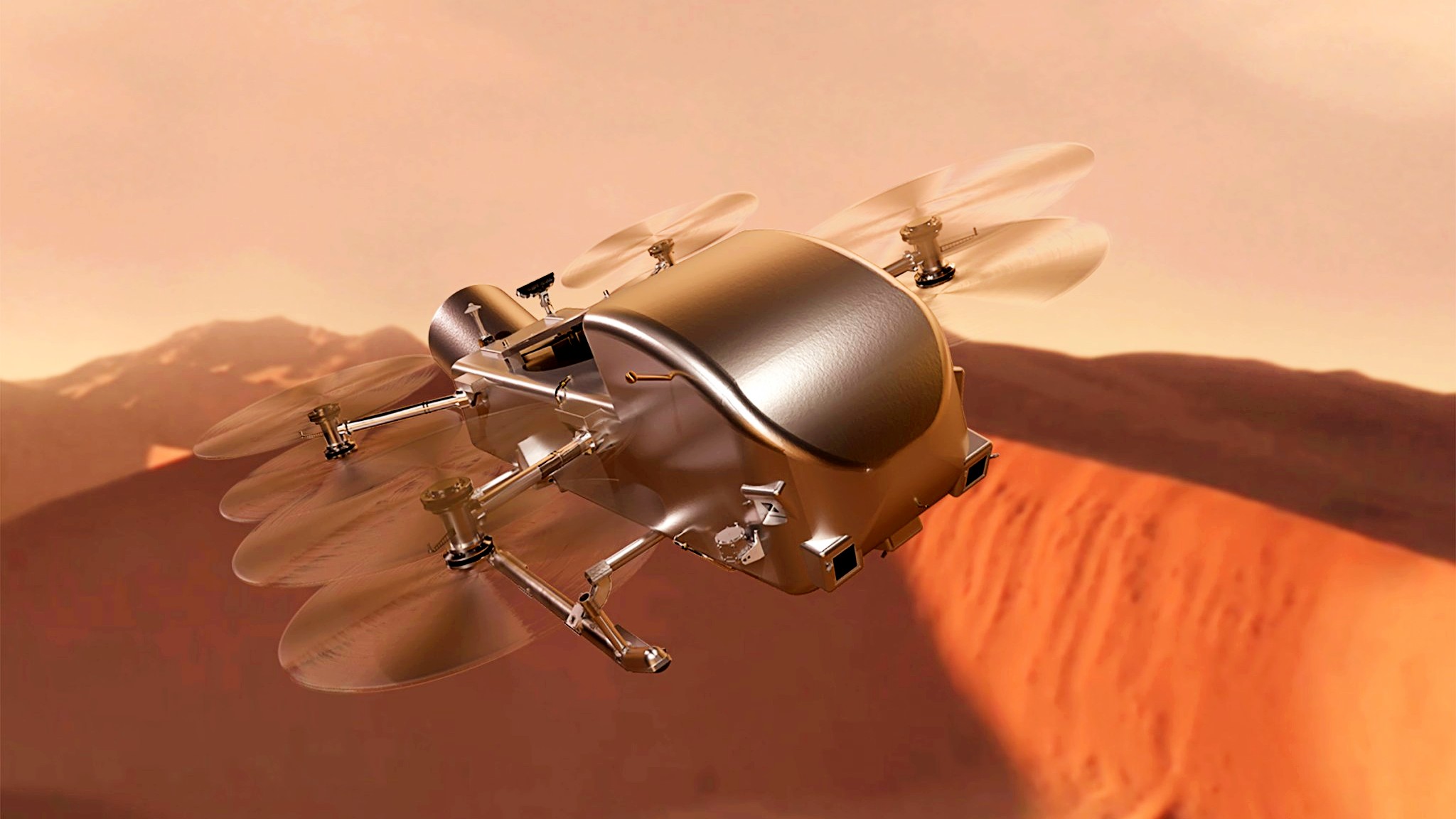 Illustration of a drone exploring over a dusty, red martian landscape with mountains in the background.