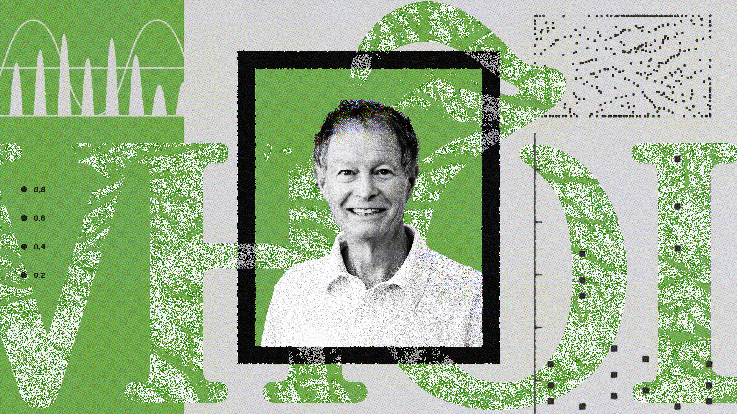 A grayscale photo of a middle-aged man in a white shirt, framed at the center of a green and gray abstract background with various patterns and graphs, embodies the essence of a leadership masterclass.