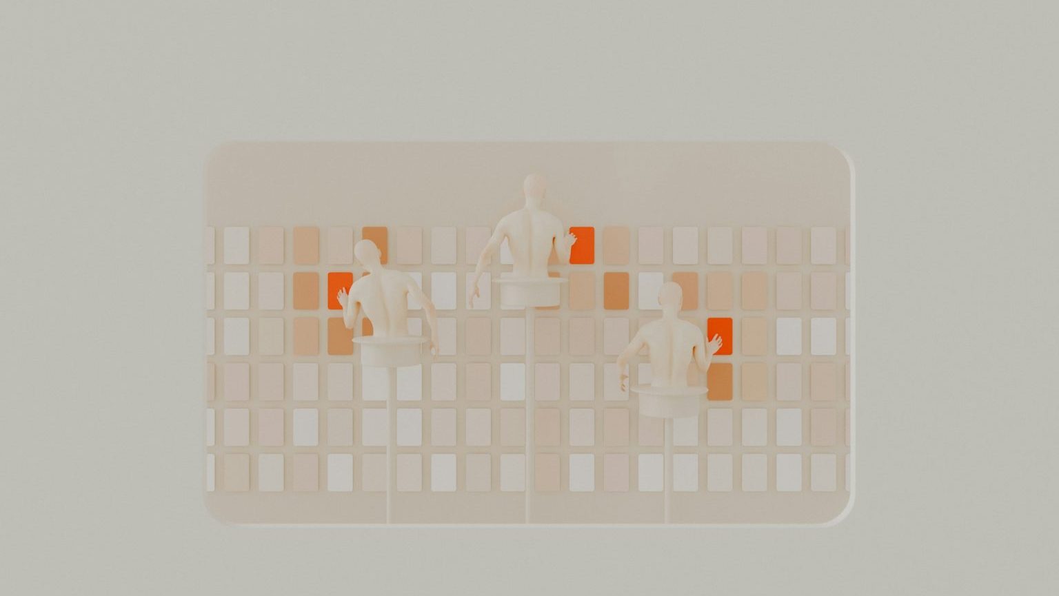 Three minimalistic white figurines sit on small platforms in front of a grid of squares, some orange, on a light grey background.
