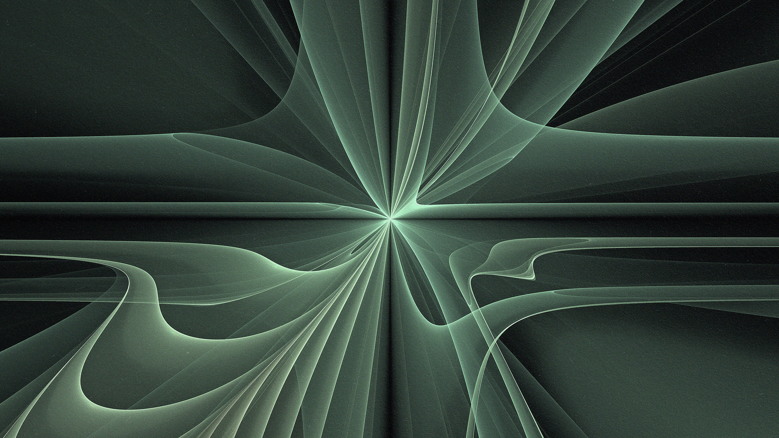 Abstract green fractal design with smooth, curved lines converging at a central point, resembling a flowing, symmetrical pattern against a dark background, inspired by AI physics.
