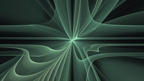 Abstract green fractal design with smooth, curved lines converging at a central point, resembling a flowing, symmetrical pattern against a dark background, inspired by AI physics.