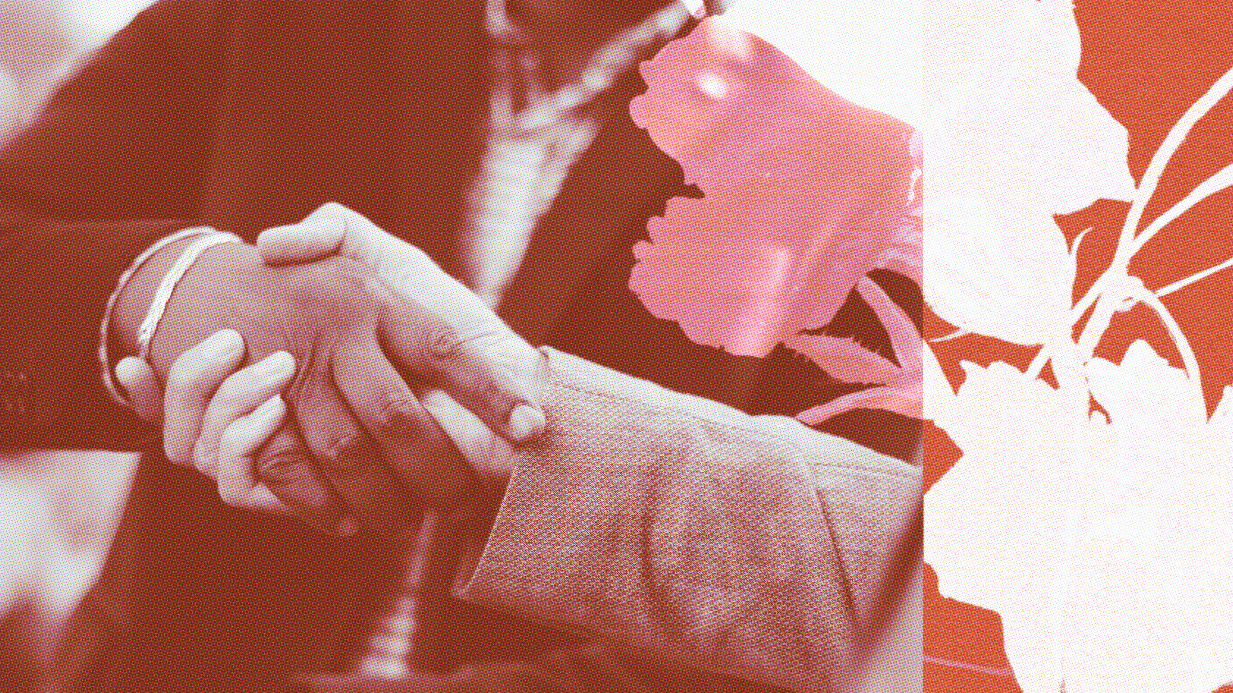 Two people shaking hands, with one wearing a suit. The image is overlaid with red and white floral patterns, symbolizing radical respect.