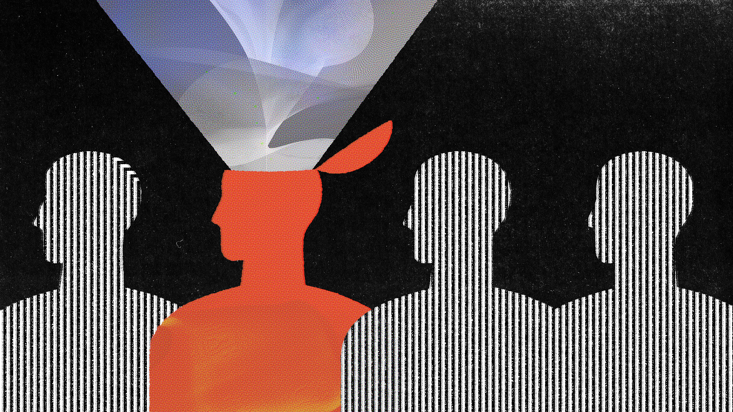 Illustration of a group of four abstract, faceless human silhouettes, with one figure highlighted in red emitting colorful light from the top of its head against a dark background, symbolizing innovative leaders.