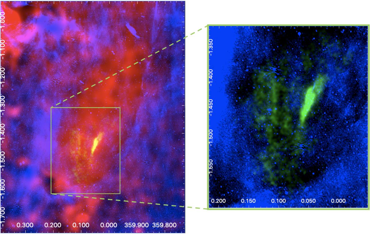 Two side-by-side astronomical images of the Milky Way with color spectrums, highlighting differences in spatial data and intensity within a section of the universe.
