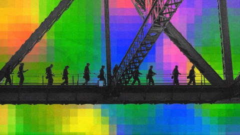 Silhouetted people walk across a bridge against a colorful, pixelated background, evoking L&D in the age of AI.