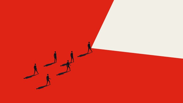 Five silhouetted figures walk towards a bright white area on a predominantly red background, casting long shadows—an evocative portrayal of leadership skills in action.