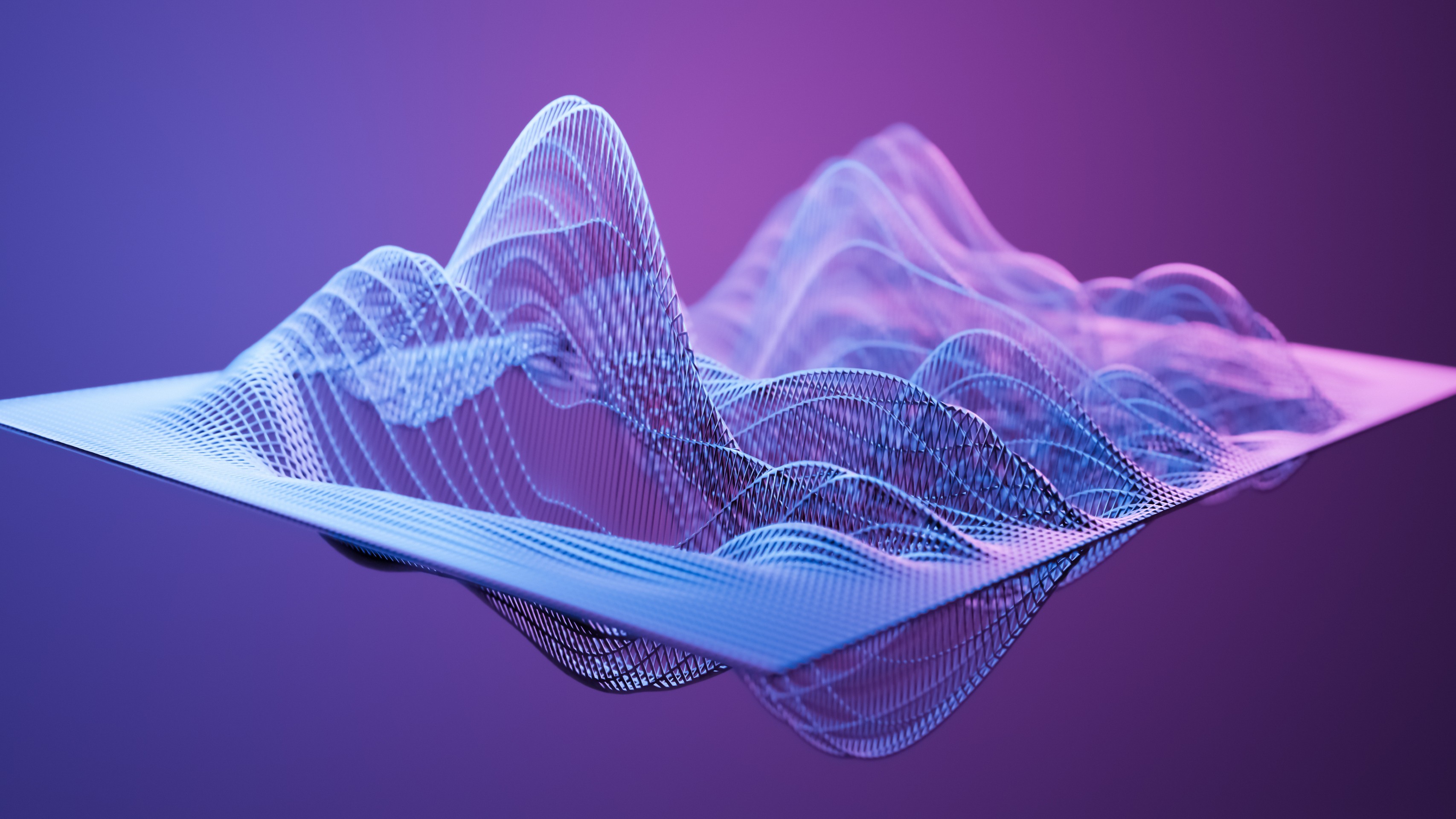 A digital representation of a 3D mesh structure with wavy, interconnected lines on a gradient purple background.