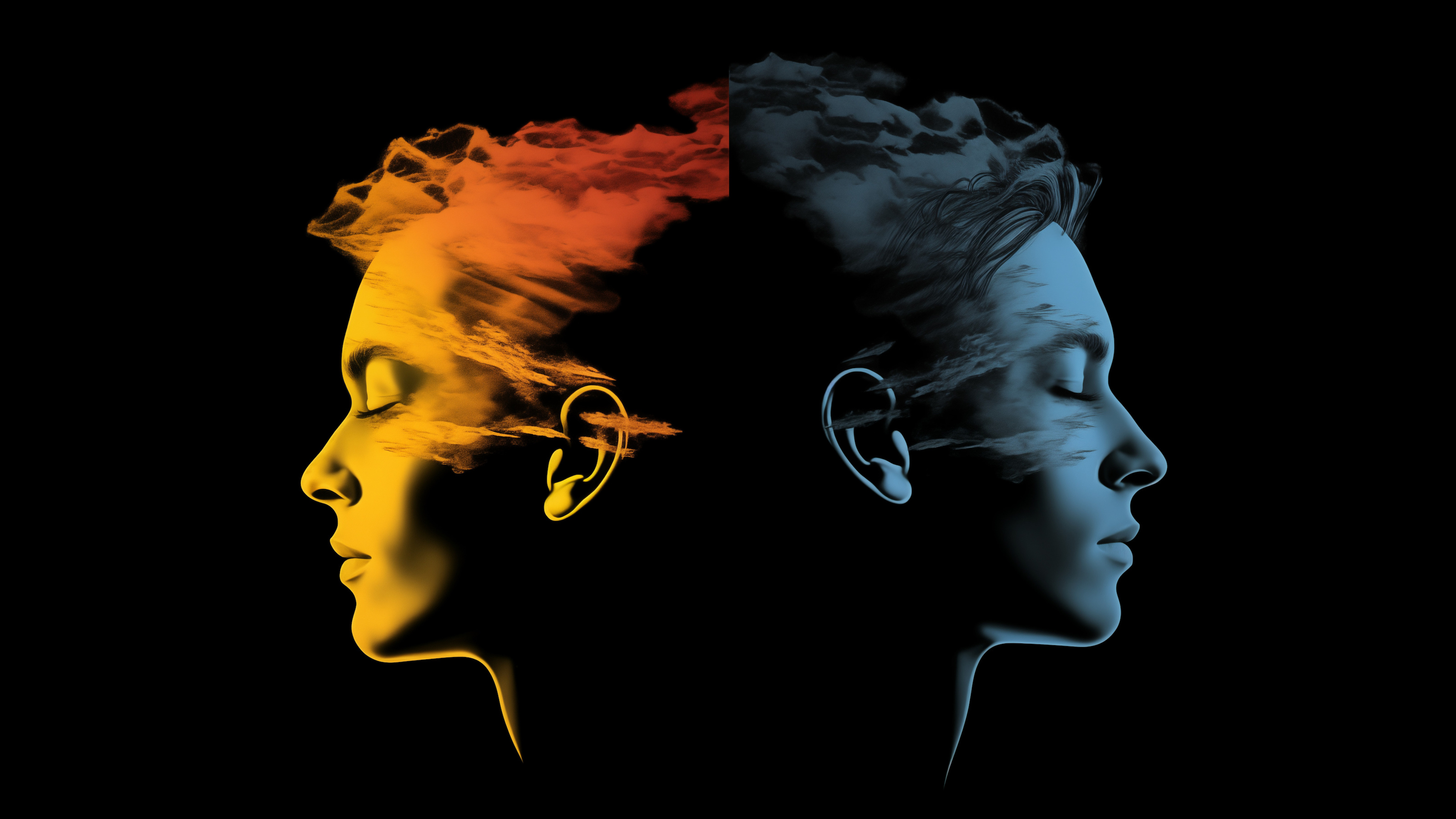A profile of two mirrored faces with closed eyes, one in warm hues (yellow and orange) and the other in cool hues (blue and black), both blended with cloud imagery, evokes a serene balance that can help handle technostress.