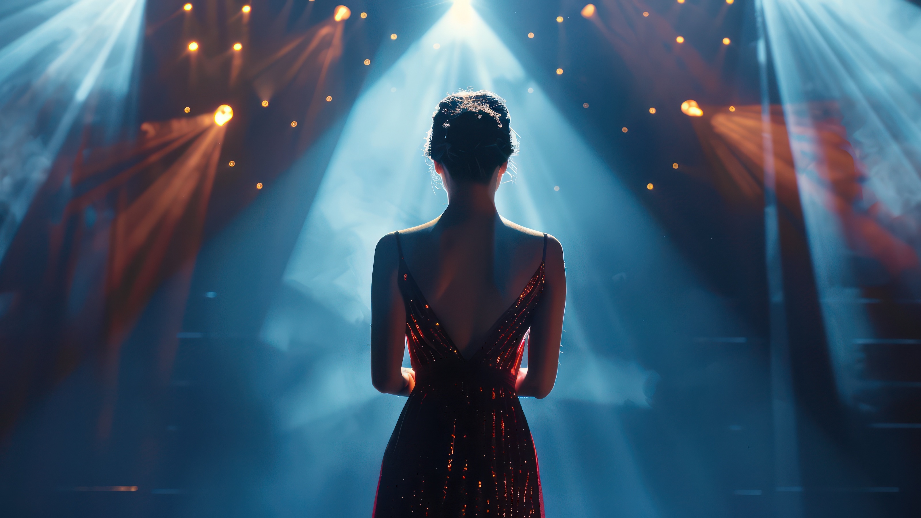 A woman in a backless evening gown stands facing the stage lights, her back to the camera. The scene is illuminated by blue and orange stage lighting, creating a dramatic atmosphere that heightens the spotlight effect.