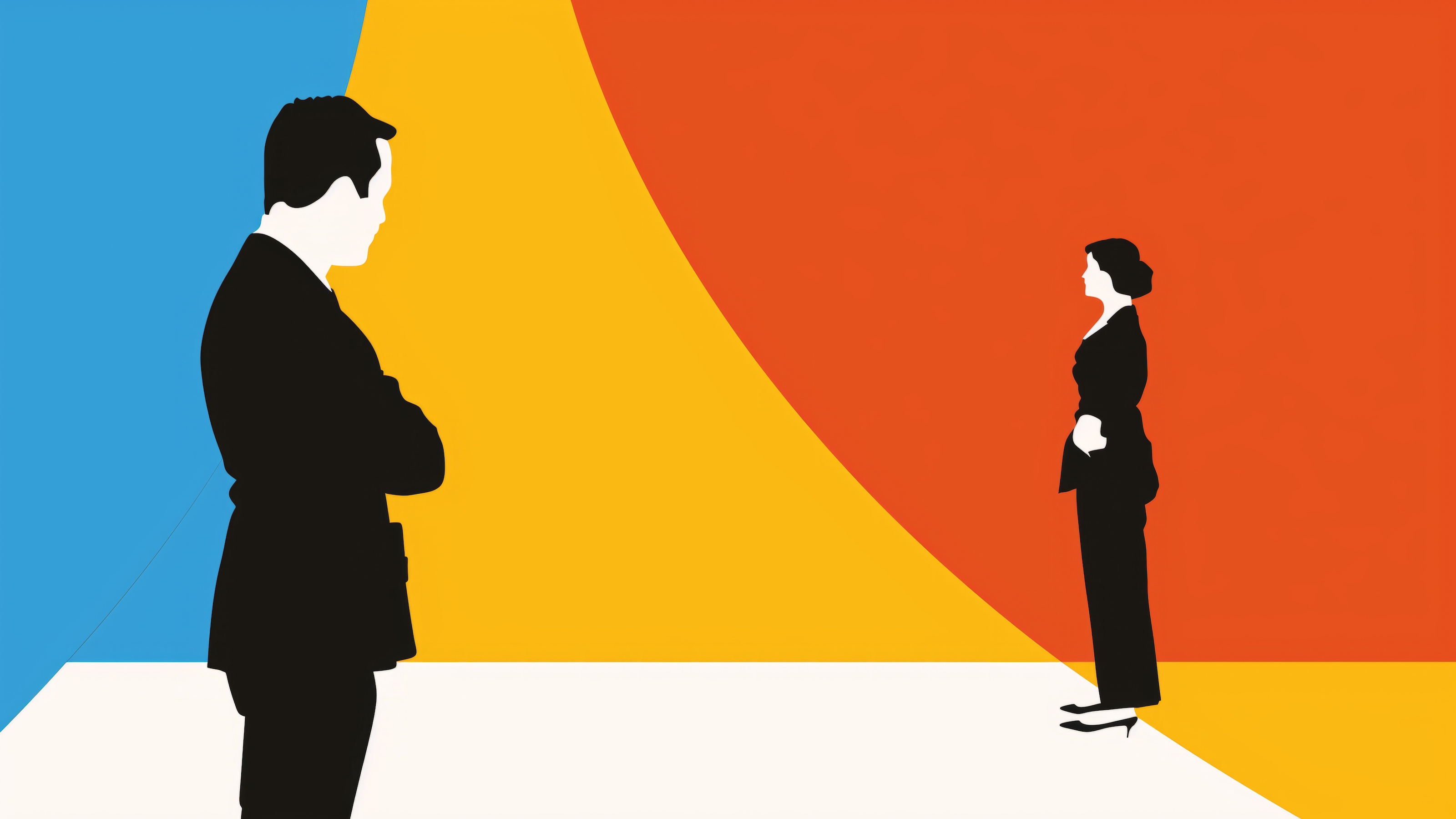 Silhouettes of a man and a woman in business attire stand facing each other with a colorful abstract background featuring blue, yellow, and red sections.